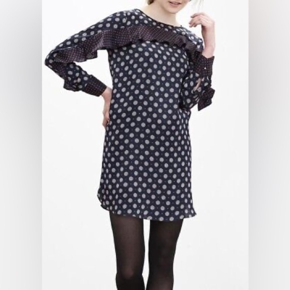 Banana Republic 100% Silk Foulard Long Sleeve Shift Mini Dress Blue Red Ruffle - Picture 2 of 15